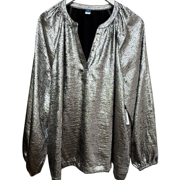 OLD NAVY Metallic Silver Top Size XL Womens Evening Party Poets Blouse NWT - Picture 1 of 12